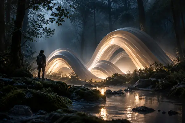 Uma floresta escura e misteriosa envolve uma forma escultural suavemente iluminada.