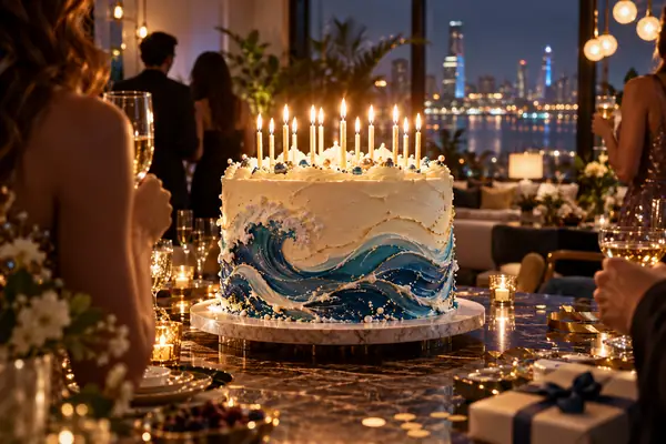 Um grande bolo de aniversário com velas acesas brilha em um ambiente moderno e festivo.