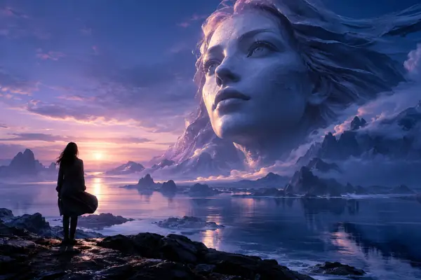 Um rosto escultórico pálido e sereno se ergue diante de um horizonte azul e violeta.