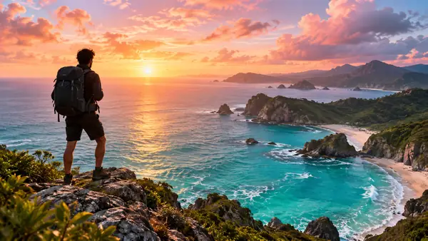 Um viajante solitário contempla um mar turquesa e nuvens cor-de-rosa ao nascer do sol.