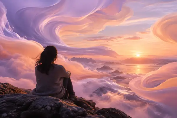 Formas em tons pastel de lavanda e pêssego flutuam juntas como nuvens líquidas.
