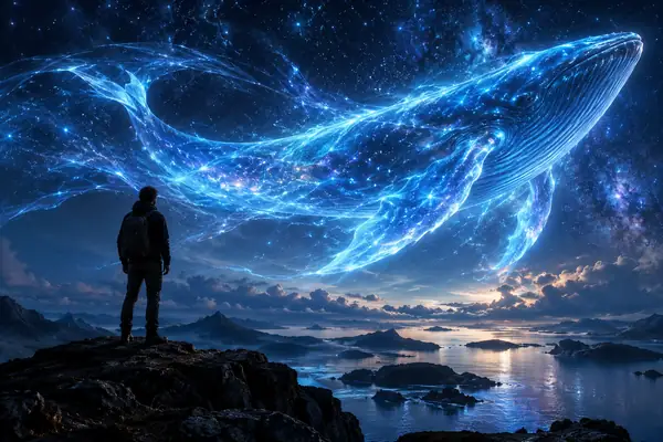 Uma imensa criatura azul luminosa toma forma sob um céu noturno estrelado.