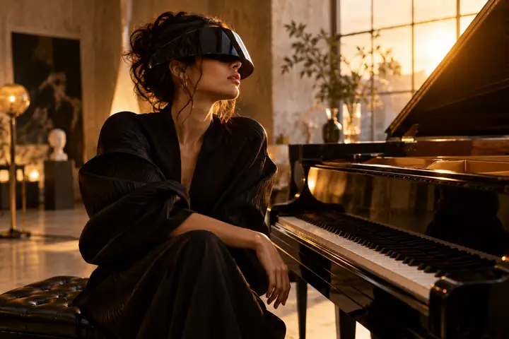 Uma criadora de moda usando uma viseira preta escultural está sentada ao lado de um piano de cauda em um estúdio com iluminação aconchegante.