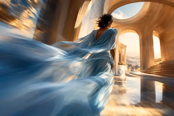 Uma imagem editorial de uma figura em movimento, vestida de azul-claro, com desfoque de movimento de efeito pictórico e formas arquitetônicas em tons quentes.