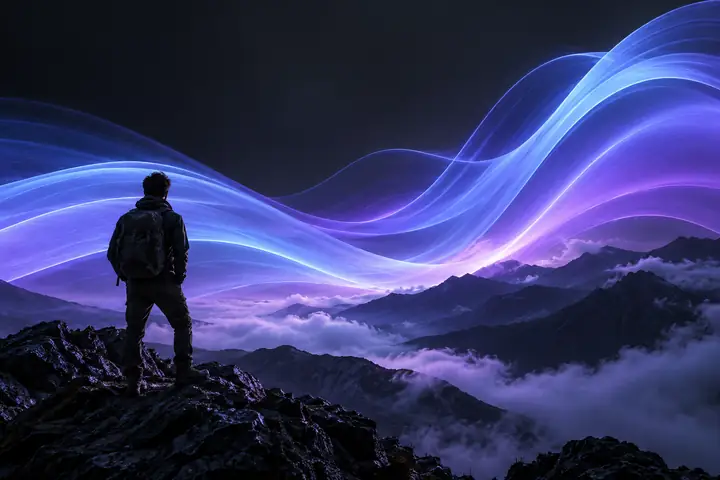 Ondas sobrepostas em tons de azul-pervinca e violeta se curvam para cima sobre um fundo cinza-carvão.