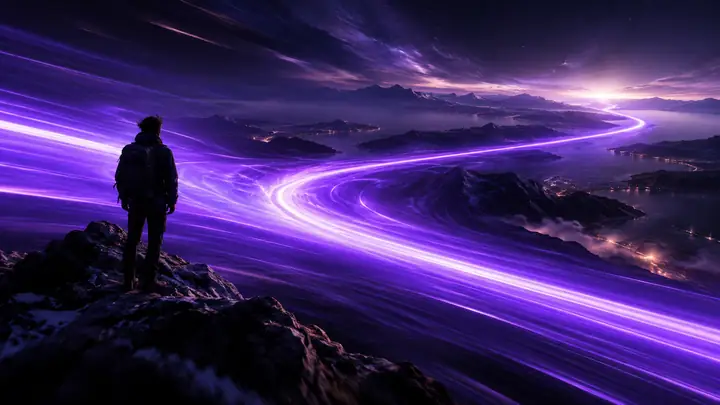Um amplo rastro violeta luminoso atravessa um fundo escuro, sugerindo velocidade e movimento.