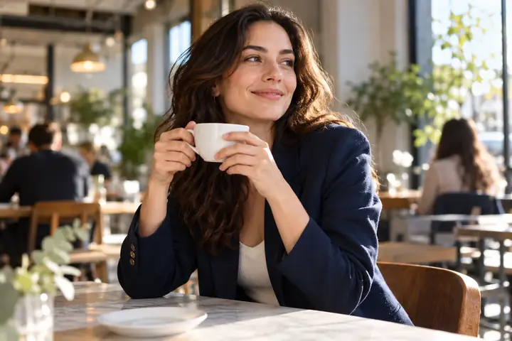 Uma mulher de jaqueta azul-marinho segura uma xícara de café branca em um café moderno e iluminado.