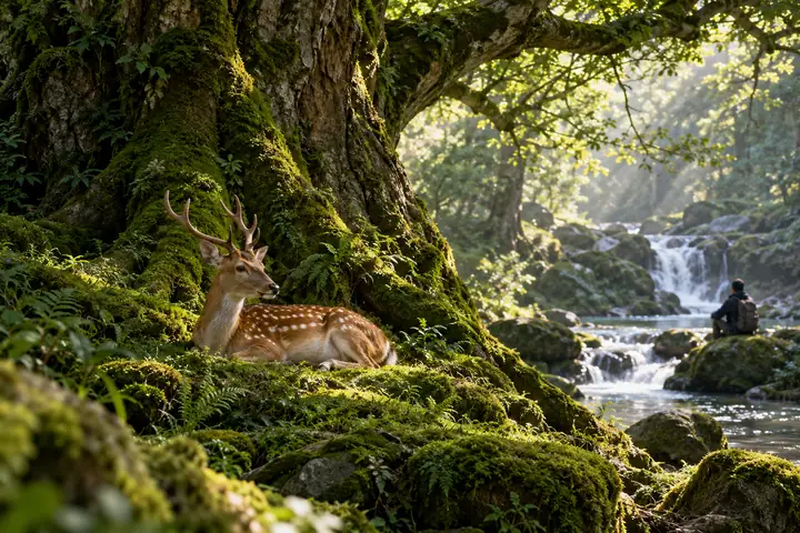 Um cervo malhado descansa à sombra, entre o musgo, de uma árvore antiga da floresta.
