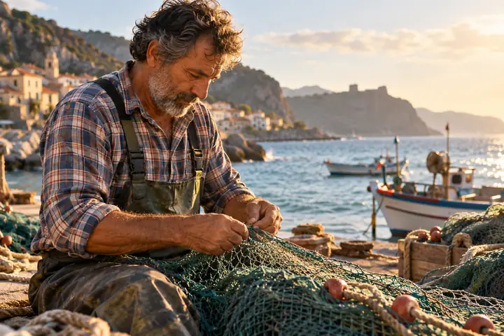 Um pescador de camisa xadrez conserta uma rede à beira-mar sob a luz quente do dia.