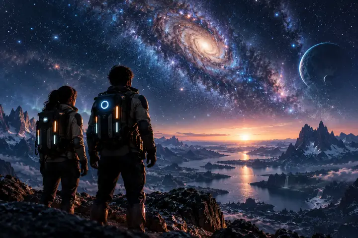 Dois exploradores futuristas estão sob um céu repleto de estrelas com equipamentos luminosos.