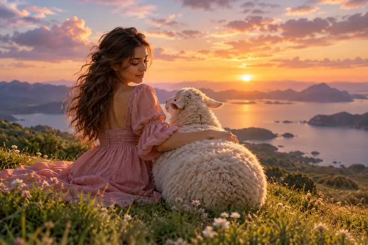 Uma mulher de vestido cor-de-rosa está sentada na grama ao lado de uma ovelha fofinha.