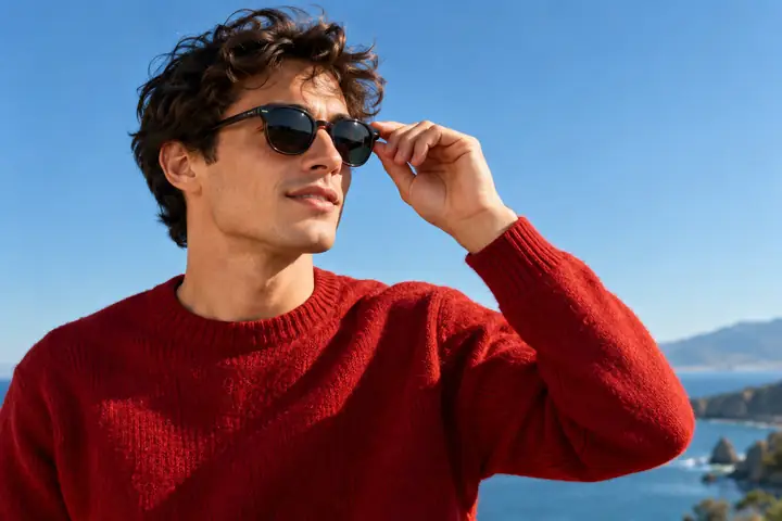 Um jovem de suéter vermelho ajusta seus óculos de sol sob um céu azul límpido.