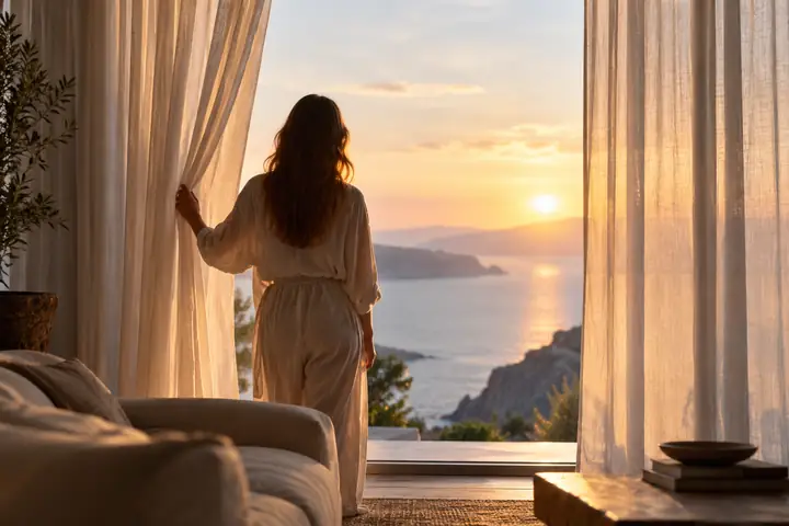Uma mulher vista de costas olha através de cortinas altas em direção à suave luz do dia.