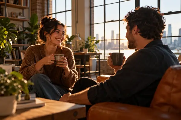 Dois amigos tomam café em um loft iluminado, fotografados com espontaneidade e aconchego.