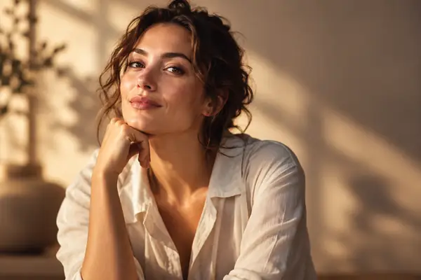 Uma mulher confiante em um retrato editorial com iluminação suave, diante de um fundo em tons neutros e quentes.