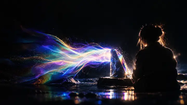 Uma cena cinematográfica ricamente iluminada em tons escuros.