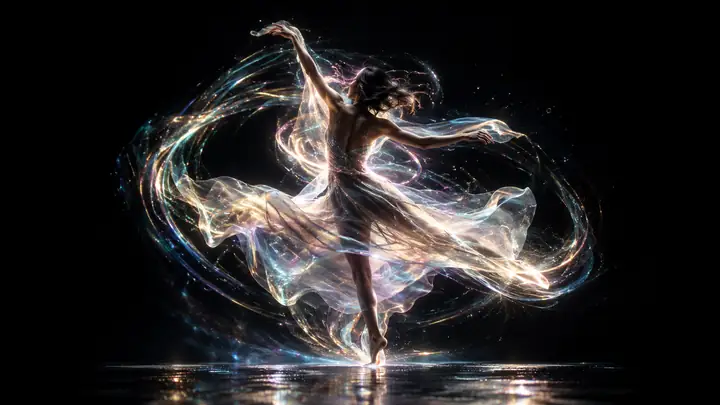 Luz e tecido esvoaçantes evocam uma sequência de dança cinematográfica.